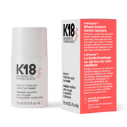 K18 front packaging showing compact travel tube and clear label with benefits