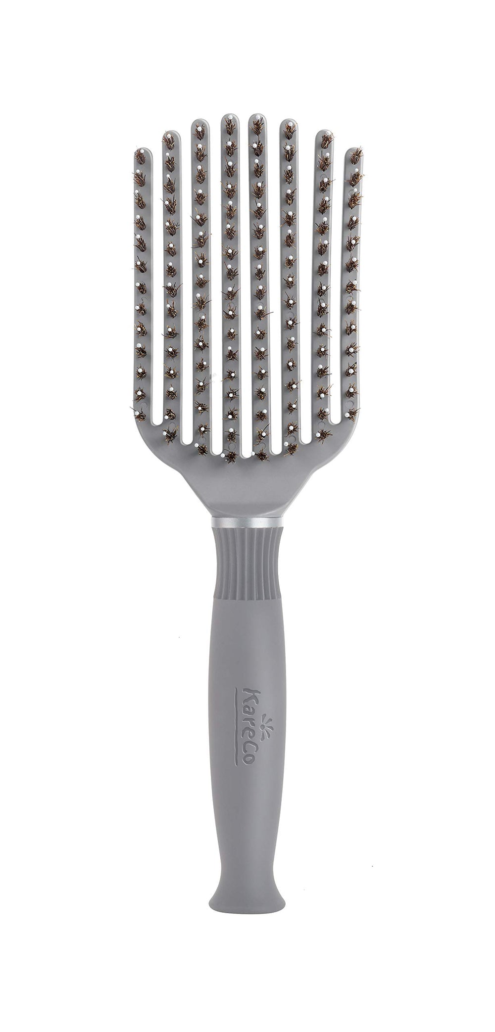 KareCo front view gray brush showing compact detangling design and travel convenience