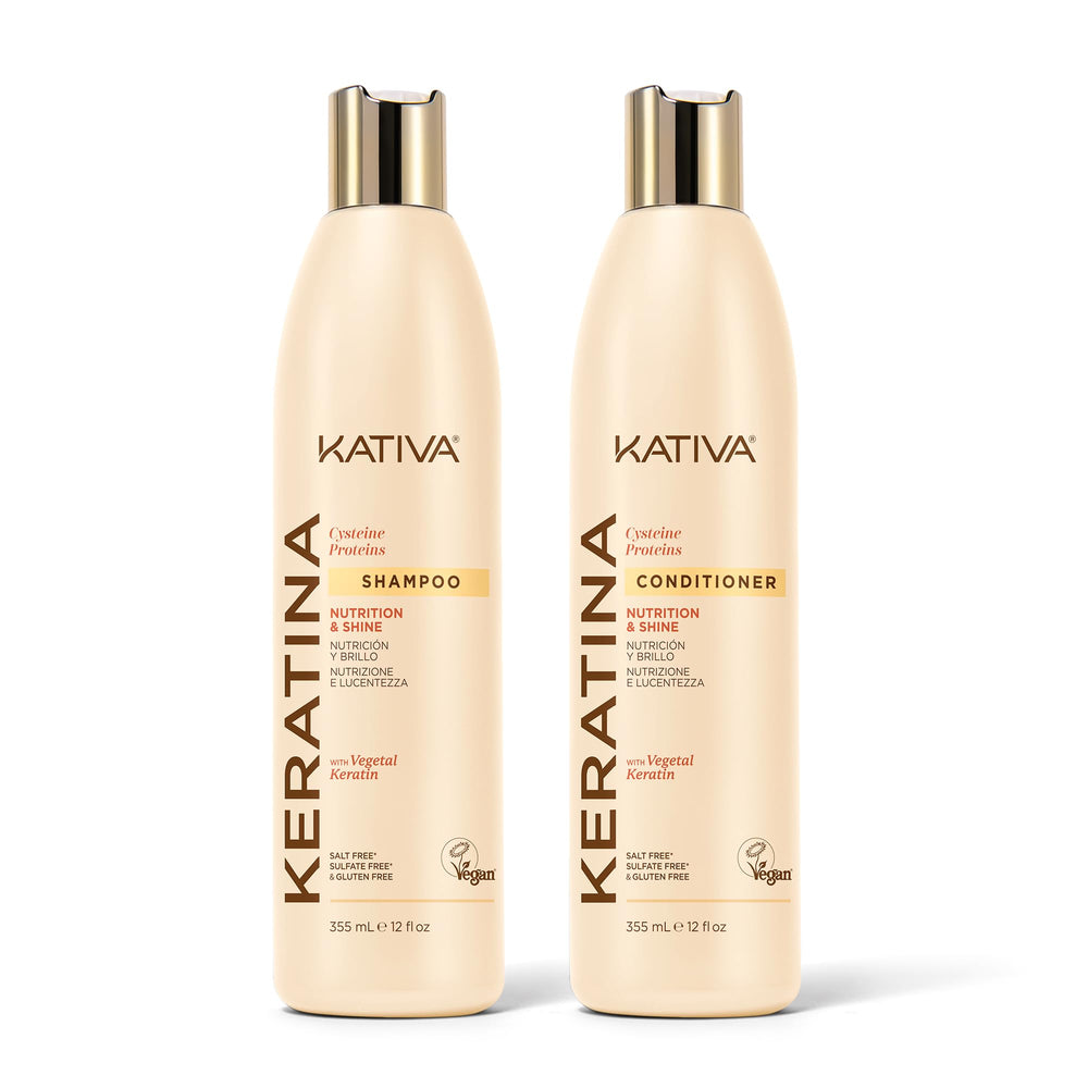 KATIVA front packaging of keratin shampoo and conditioner showing repair benefits