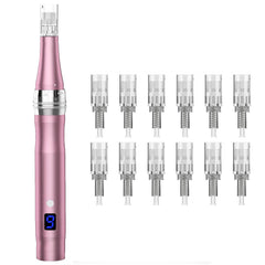 Kelmixa front view showing compact derma roller pen and benefits