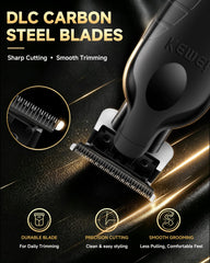 KEMEI guide combs, oil, brush and USB cable showing complete grooming kit