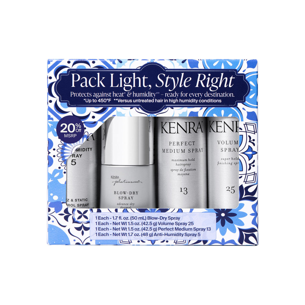 Kenra front packaging showing the four travel-size sprays for convenient styling