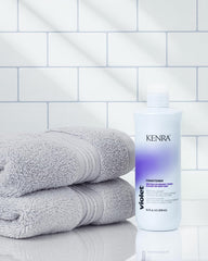 Kenra set staged in bathroom during routine to maintain cool blonde tones