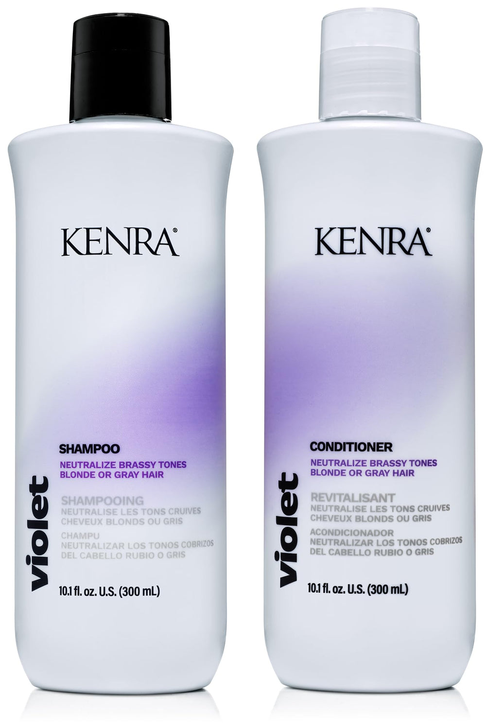 Kenra front packaging showing violet shampoo and conditioner for neutralizing brass