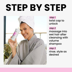 Kenra volume conditioner pouring from bottle illustrating lightweight consistency for body