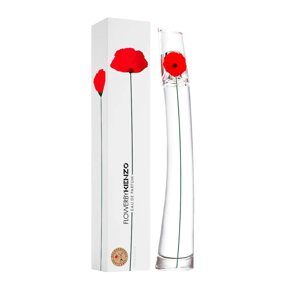 Kenzo Flower bottle front view showing elegant glass and brand name for refined presentation