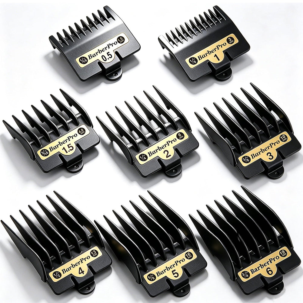 Kepouse gold clipper guards front pack showing all eight sizes and durable finish