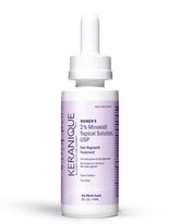 Keranique dropper bottle front view showing compact travel-friendly packaging and brand