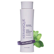 Keranique front bottle showing volumizing shampoo and benefits