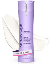 Keranique front packaging showing color-boost shampoo and protective benefit