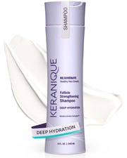 Keranique front packaging showing Deep Hydration Shampoo benefits