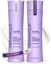 Keranique front packaging showing shampoo and conditioner for vibrant color