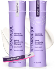 Keranique front packaging showing shampoo and conditioner for vibrant color