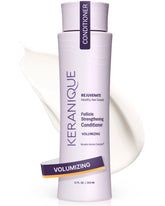Keranique front packaging showing volumizing conditioner and fuller hair benefit