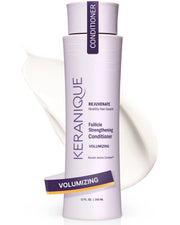 Keranique front packaging showing volumizing conditioner and fuller hair benefit