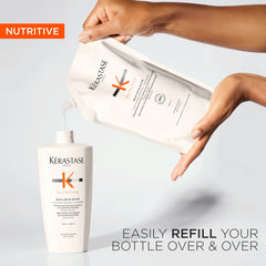 KÉRASTASE refill being poured into bottle for easy transfer and savings