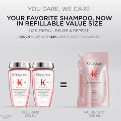 KÉRASTASE refill being poured into bottle, demonstrates easy transfer benefit