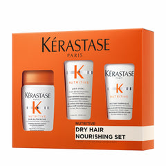 KÉRASTASE trio front packaging showing travel-size bottles and benefits