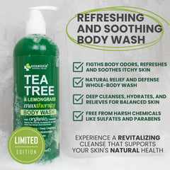 KESMEDIK lemongrass tea tree botanical flatlay showing natural ingredients