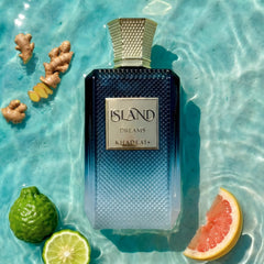 KHADLAJ PERFUMES bottle resting on sand suggesting tropical, uplifting mood