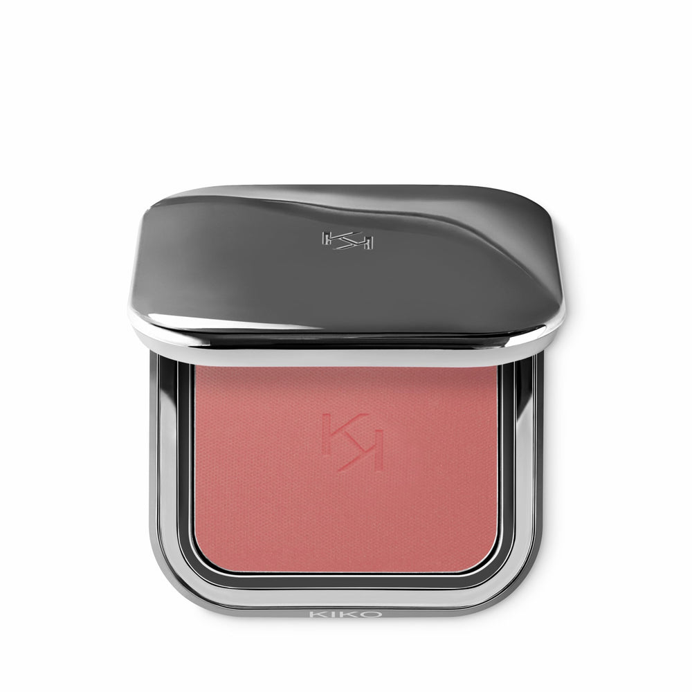 KIKO Milano compact front view showing gunmetal case and mirror, perfect for travel