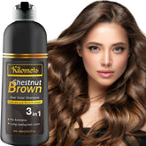 KILOMETS bottle front view showing chestnut brown shampoo and benefits