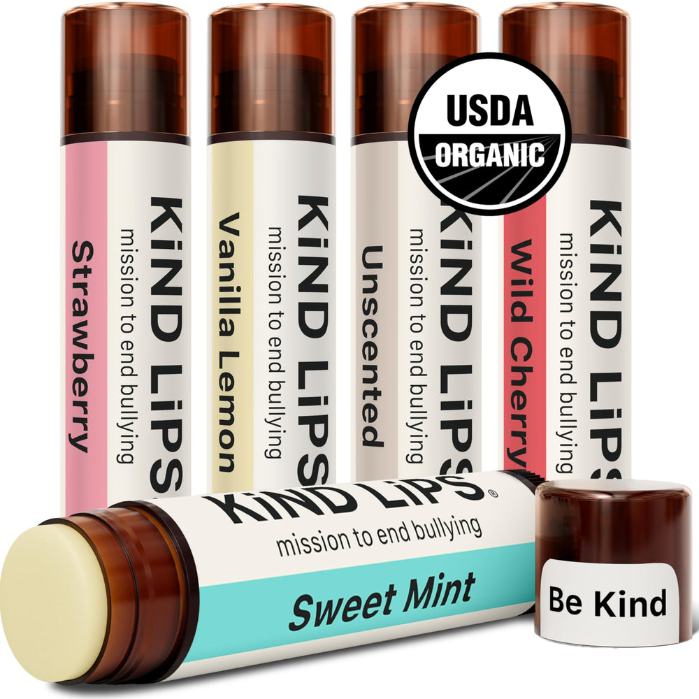 Kind Lips front packaging showing five organic lip balms and brand message, promotes daily hydration