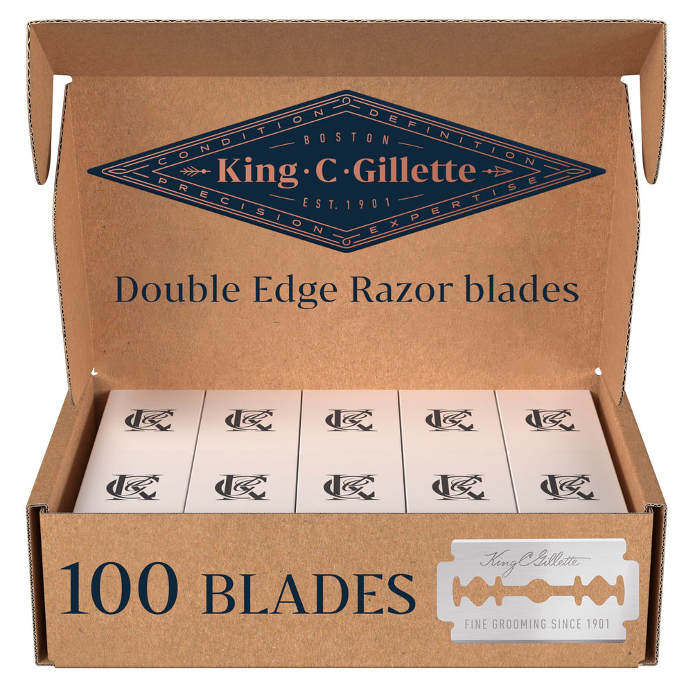 King C. Gillette front packaging showing 100 blades and easy storage benefit