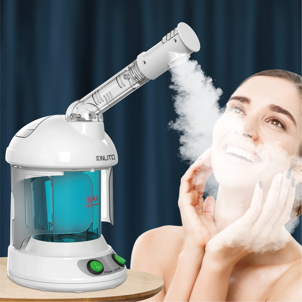 KINLITO front view of facial steamer showing compact tabletop design and benefits