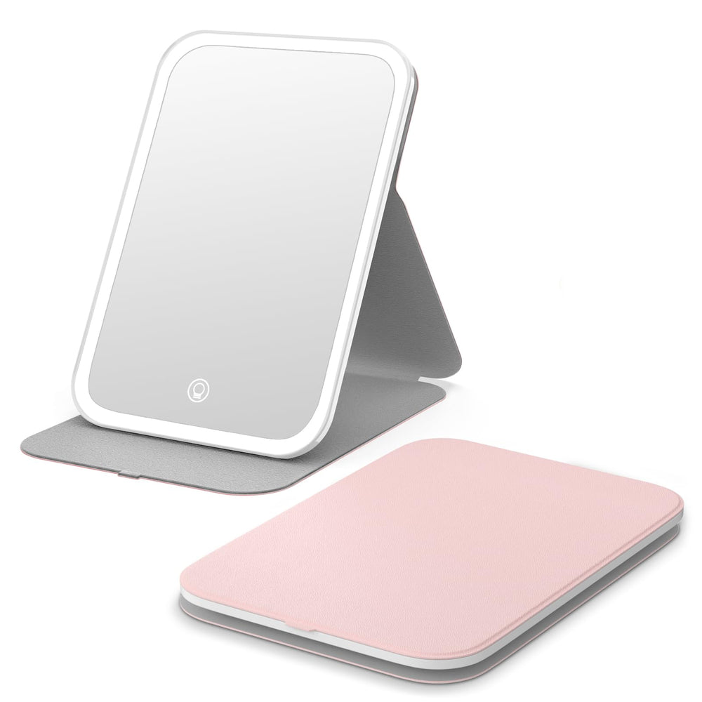Kintion front view folded pink mirror showing compact travel-ready design and portability