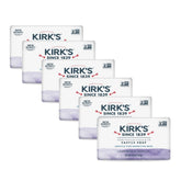 Kirk's lavender and vanilla front packaging showing gentle scent and six bars benefit: clear labeling