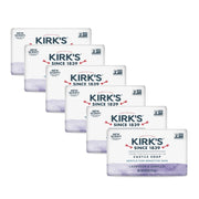 Kirk's lavender and vanilla front packaging showing gentle scent and six bars benefit: clear labeling