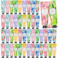 KIYTARBOO front packaging showing 80 mini hand cream tubes and vibrant labels for easy gifting
