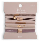 K'lani Faith front packaging showing five color-coordinated bracelets and benefit of versatile wear
