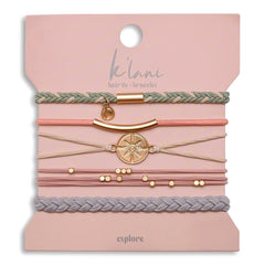K'lani front pack displaying five color-coordinated hair tie bracelets, convenient storage