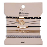 K'lani front view of five hair tie bracelets showing coordinated colors and packaging benefit