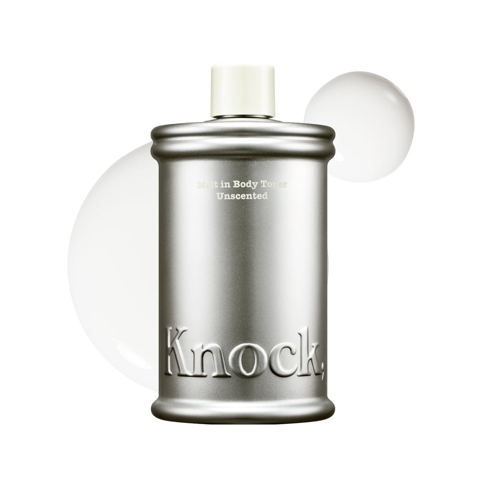 Knock front packaging showing milky unscented body toner and clean design benefit: easy identification
