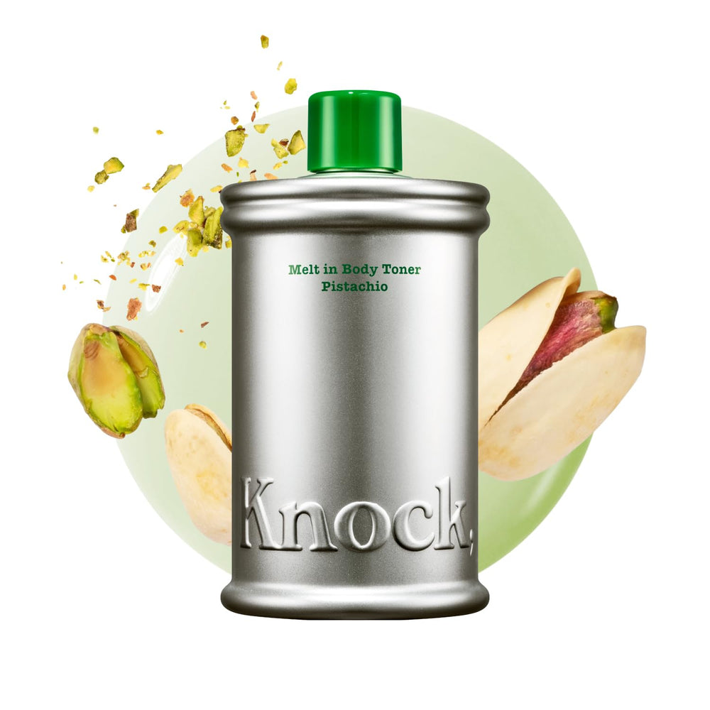 Knock front bottle showing pistachio milky moisturizer and sustainable packaging benefit