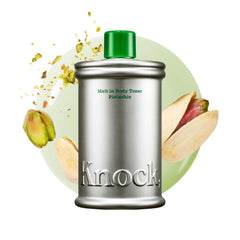 Knock front bottle showing pistachio milky moisturizer and sustainable packaging benefit