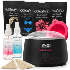 KoluaWax full kit laid out showing contents for easy at-home waxing