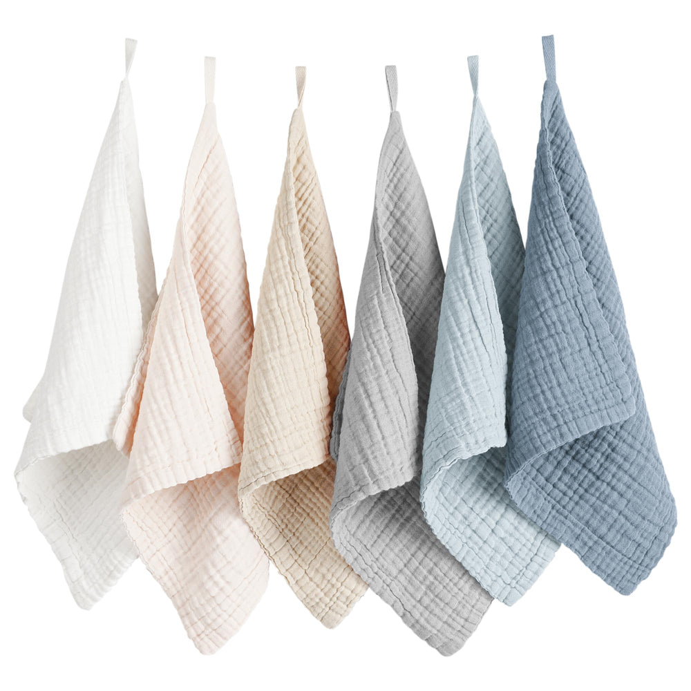 Konssy face cloths front packaging showing six muted colors and sizes, helpful for quick selection