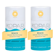 Kopari front packaging showing two Beach scent deodorant sticks for convenience