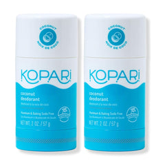 Kopari front packaging showing two coconut deodorant sticks and benefits