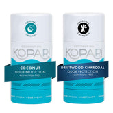 Kopari two-pack front view showing Original and Driftwood Charcoal scents with clear glide benefit