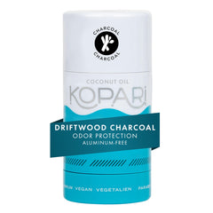 Kopari front packaging showing driftwood charcoal scent and clear benefits