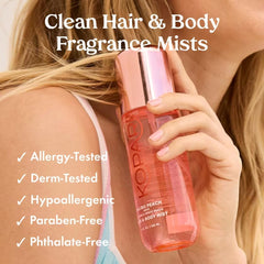 Kopari mist spraying over shoulder in use giving immediate fresh peach scent boost