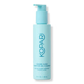Kopari front packaging showing cleanser bottle, clear branding and benefit