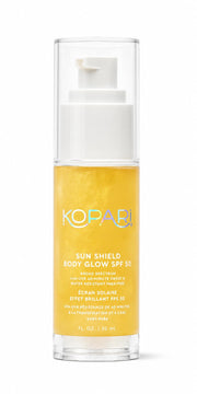 Kopari mini sun shield front tube showing SPF 50 and travel size benefit