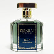 KORBAJ PARFUMS Emir front bottle shows sleek blue design and premium presence