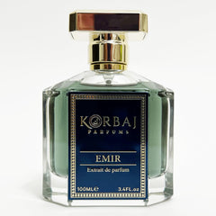 KORBAJ PARFUMS Emir front bottle shows sleek blue design and premium presence